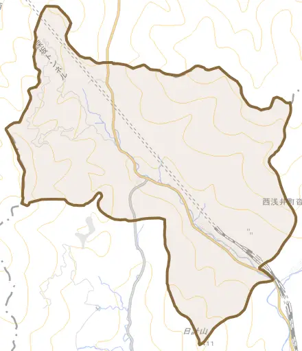 西浅井町沓掛とその周辺の地図。町の範囲を重ねている