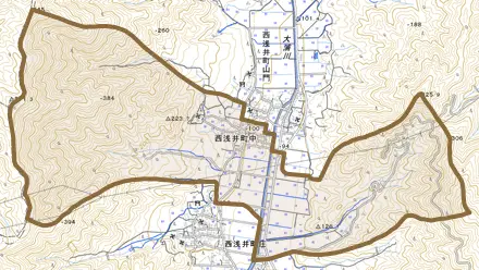 西浅井町中とその周辺の地図。町の範囲を重ねている