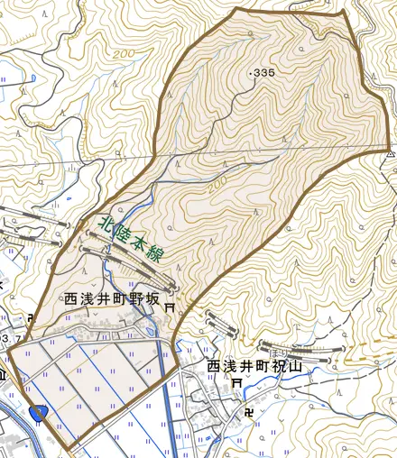 西浅井町野坂とその周辺の地図。町の範囲を重ねている