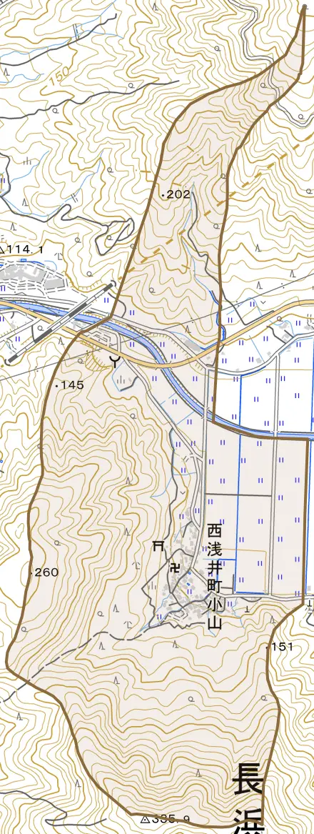 西浅井町小山とその周辺の地図。町の範囲を重ねている