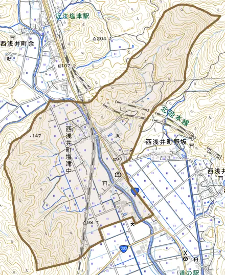 西浅井町塩津中とその周辺の地図。町の範囲を重ねている
