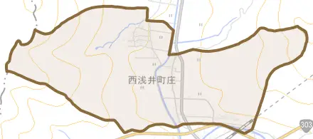 西浅井町庄とその周辺の地図。町の範囲を重ねている
