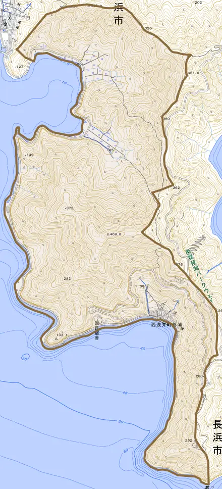 西浅井町菅浦とその周辺の地図。町の範囲を重ねている