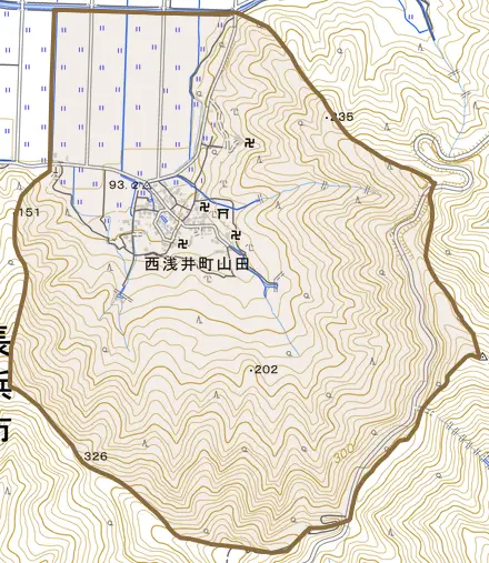 西浅井町山田とその周辺の地図。町の範囲を重ねている