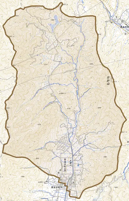 西浅井町山門とその周辺の地図。町の範囲を重ねている