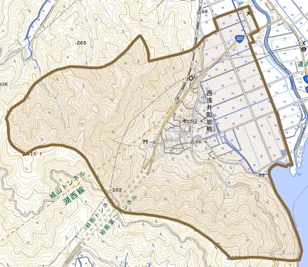 西浅井町岩熊とその周辺の地図。町の範囲を重ねている