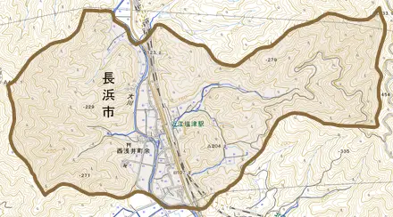 西浅井町余とその周辺の地図。町の範囲を重ねている
