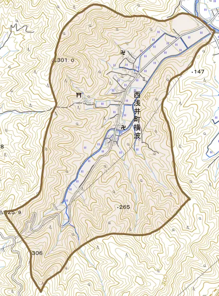 西浅井町横波とその周辺の地図。町の範囲を重ねている