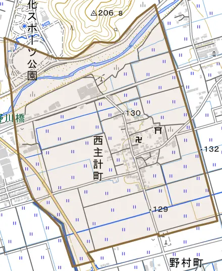 西主計町とその周辺の地図。町の範囲を重ねている