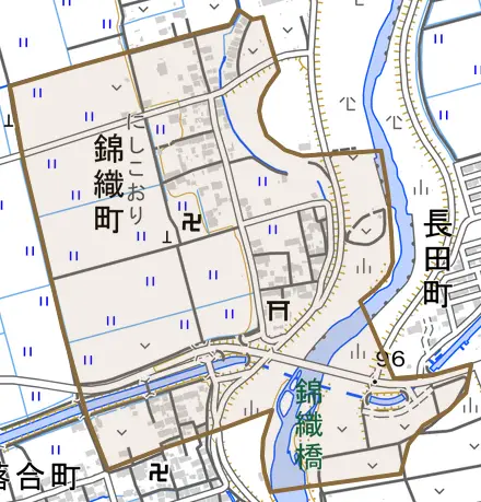 錦織町とその周辺の地図。町の範囲を重ねている