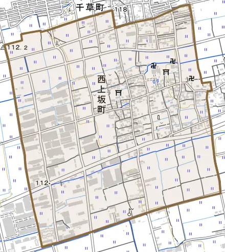 西上坂町とその周辺の地図。町の範囲を重ねている