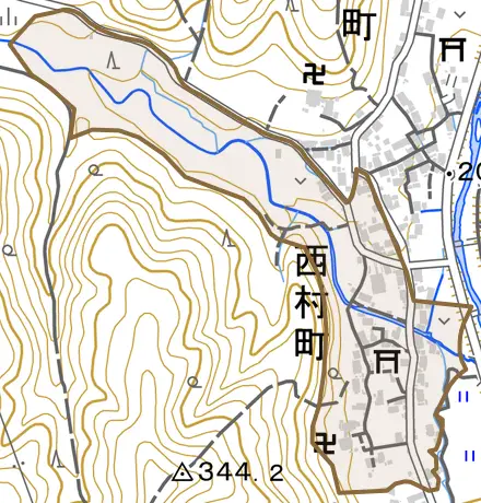 西村町とその周辺の地図。町の範囲を重ねている