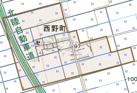 西野町とその周辺の地図。町の範囲を重ねている