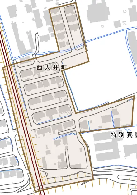 西大井町とその周辺の地図。町の範囲を重ねている