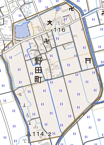 野田町とその周辺の地図。町の範囲を重ねている