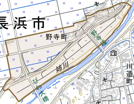 野寺町とその周辺の地図。町の範囲を重ねている