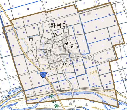野村町とその周辺の地図。町の範囲を重ねている