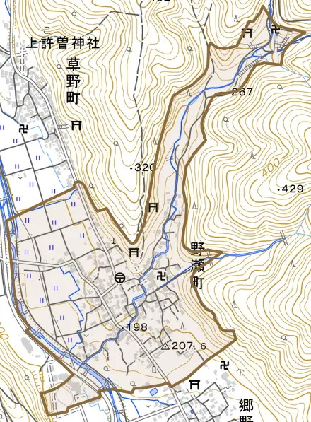 野瀬町とその周辺の地図。町の範囲を重ねている