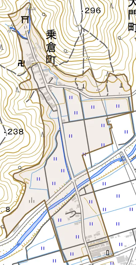 乗倉町とその周辺の地図。町の範囲を重ねている