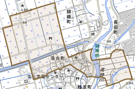 落合町とその周辺の地図。町の範囲を重ねている