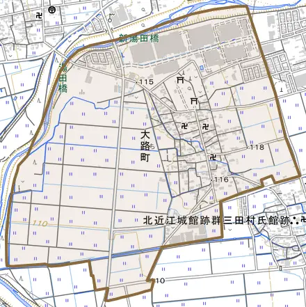 大路町とその周辺の地図。町の範囲を重ねている