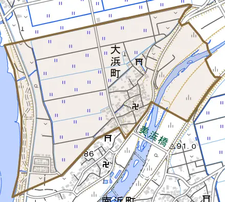 大浜町とその周辺の地図。町の範囲を重ねている