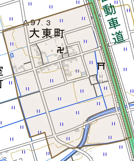 大東町とその周辺の地図。町の範囲を重ねている