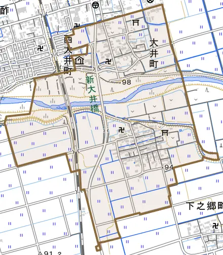 大井町とその周辺の地図。町の範囲を重ねている