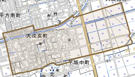 大戌亥町とその周辺の地図。町の範囲を重ねている
