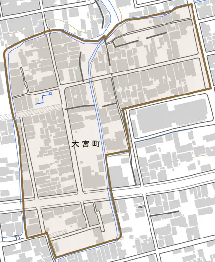 大宮町とその周辺の地図。町の範囲を重ねている