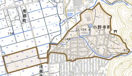 小野寺町とその周辺の地図。町の範囲を重ねている