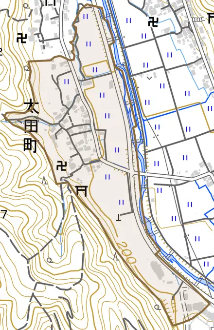 太田町とその周辺の地図。町の範囲を重ねている