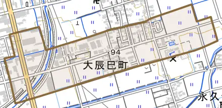 大辰巳町とその周辺の地図。町の範囲を重ねている