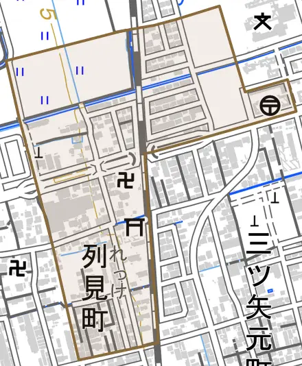 列見町とその周辺の地図。町の範囲を重ねている