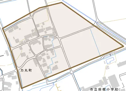 力丸町とその周辺の地図。町の範囲を重ねている