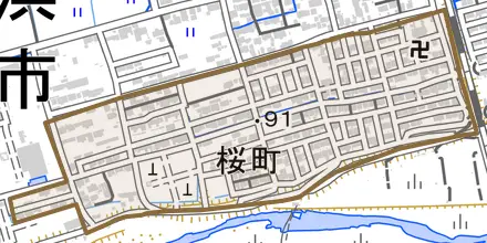 桜町とその周辺の地図。町の範囲を重ねている