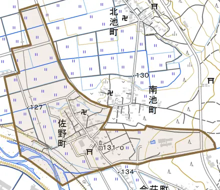佐野町とその周辺の地図。町の範囲を重ねている