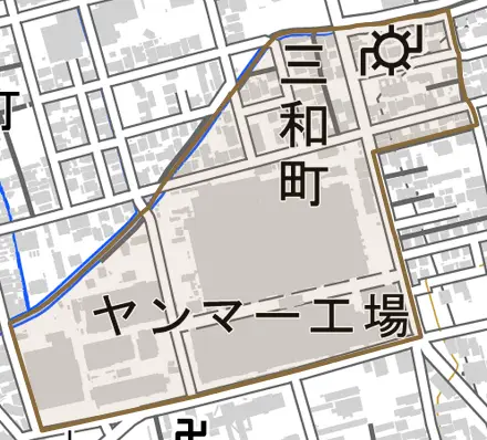 三和町とその周辺の地図。町の範囲を重ねている