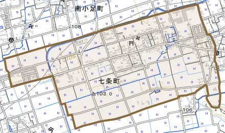 七条町とその周辺の地図。町の範囲を重ねている