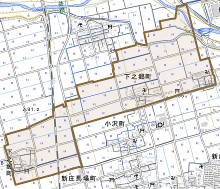 下之郷町とその周辺の地図。町の範囲を重ねている