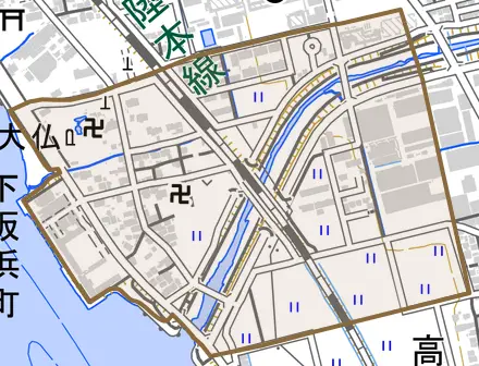 下坂浜町とその周辺の地図。町の範囲を重ねている