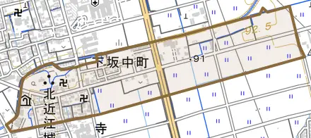 下坂中町とその周辺の地図。町の範囲を重ねている