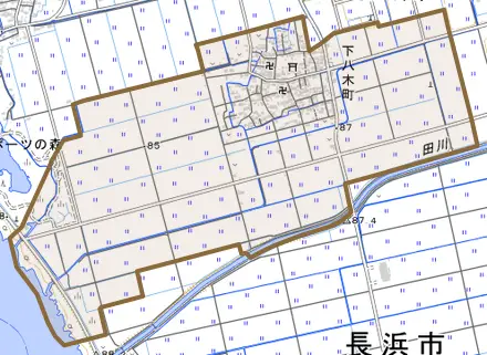 下八木町とその周辺の地図。町の範囲を重ねている