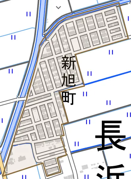 新旭町とその周辺の地図。町の範囲を重ねている