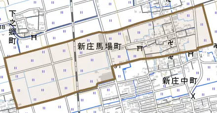 新庄馬場町とその周辺の地図。町の範囲を重ねている