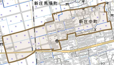 新庄中町とその周辺の地図。町の範囲を重ねている