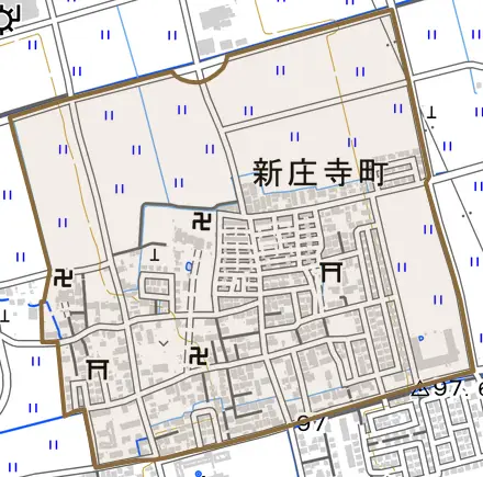 新庄寺町とその周辺の地図。町の範囲を重ねている