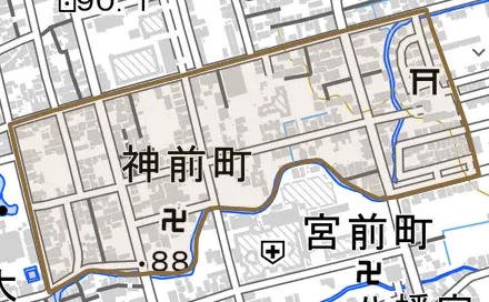 神前町とその周辺の地図。町の範囲を重ねている