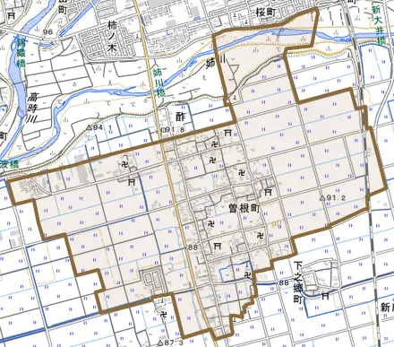 曽根町とその周辺の地図。町の範囲を重ねている