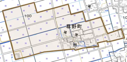 尊野町とその周辺の地図。町の範囲を重ねている
